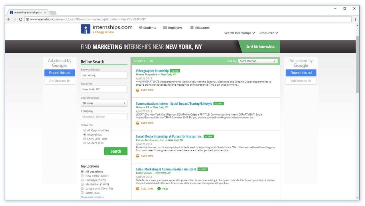 interships.com search result dashboard