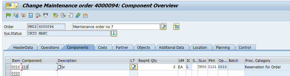 SAP Maintenance Order: Component Overview