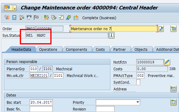 SAP Maintenance Order (Released)
