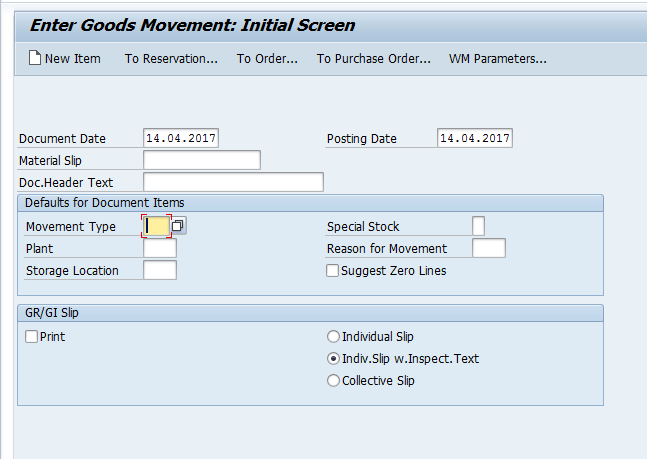 Goods Movement Selection Screen