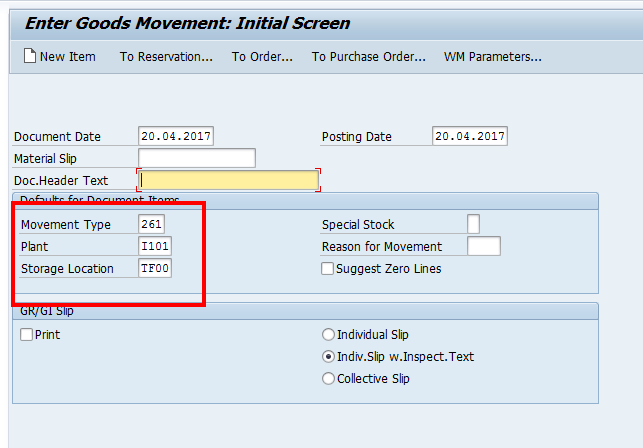 Goods Movement Selection Screen (Sample Data)